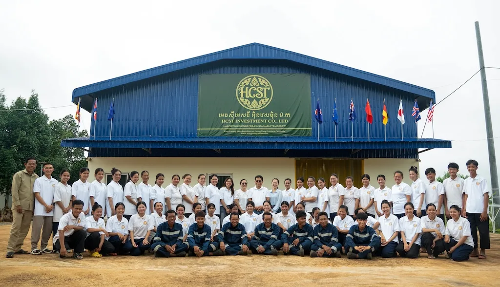 The HCST team outside the HCST Investment Co., Ltd. cashew processing facility in Srae-krasang, Stung Treng Province, Cambodia